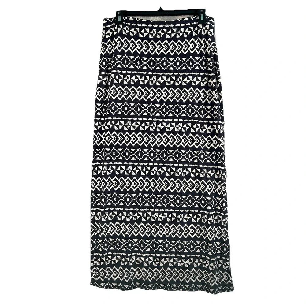 Loft Skirt Women's Small Maxi Length Navy Blue Geometric Pull On Stretch 0138